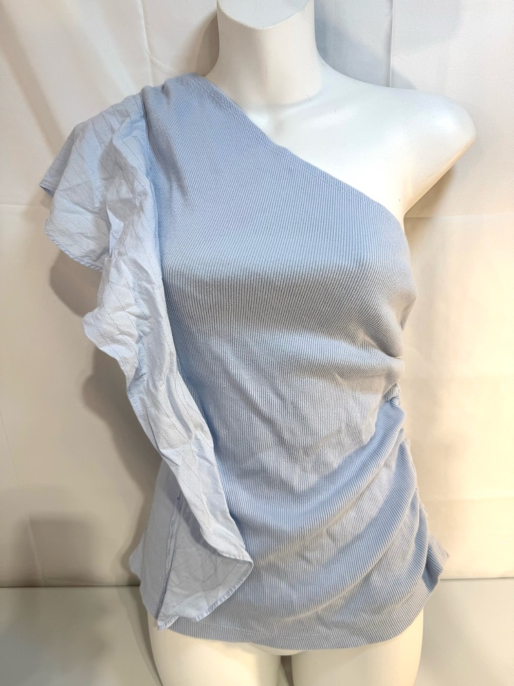 Anthropologie‎ One Shoulder Ribbed Top Blue Ruched Stretch Medium